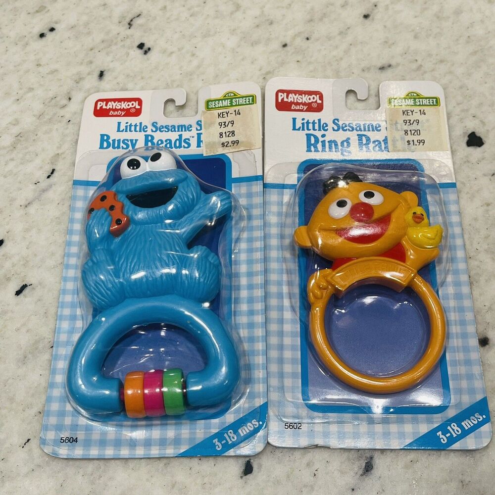 Vtg 80s Playskool Little Sesame Street Busy Beads Ring Rattle New Ernie Cookie